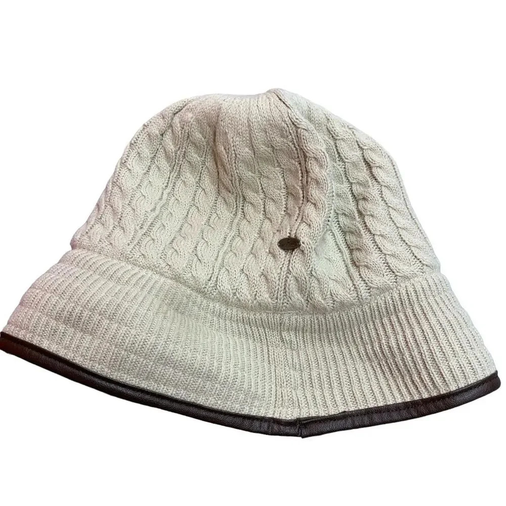 Liz Claiborne Womens Vintage 90s Cream Cable Knit Bucket Hat Leather Trim